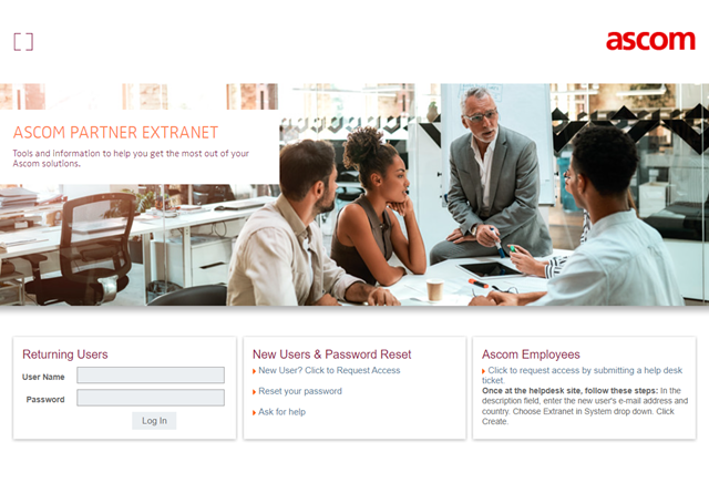 Screenshot of the login window the visitors see when they access the old version of the extranet or the Ascom Partner Portal.