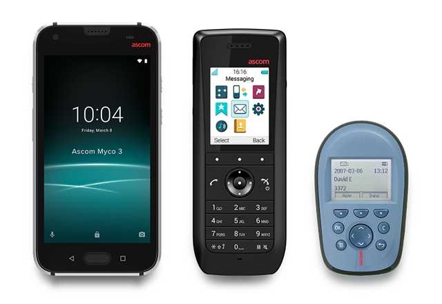 Collection of three different devices made by Ascom, with grey background