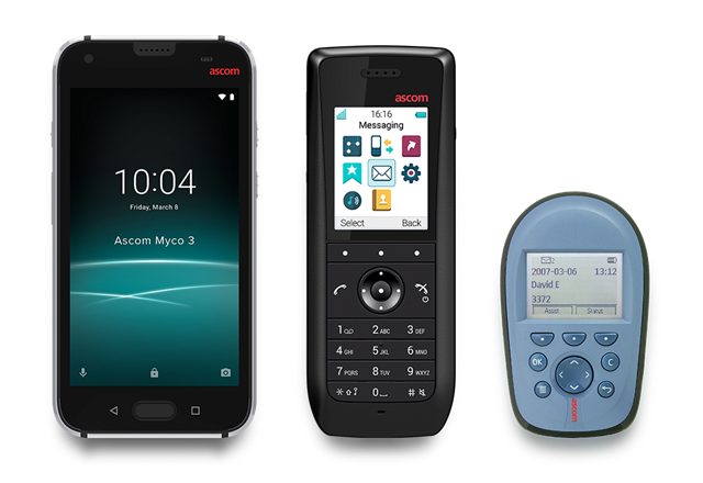 Collection of three different devices made by Ascom, with grey background