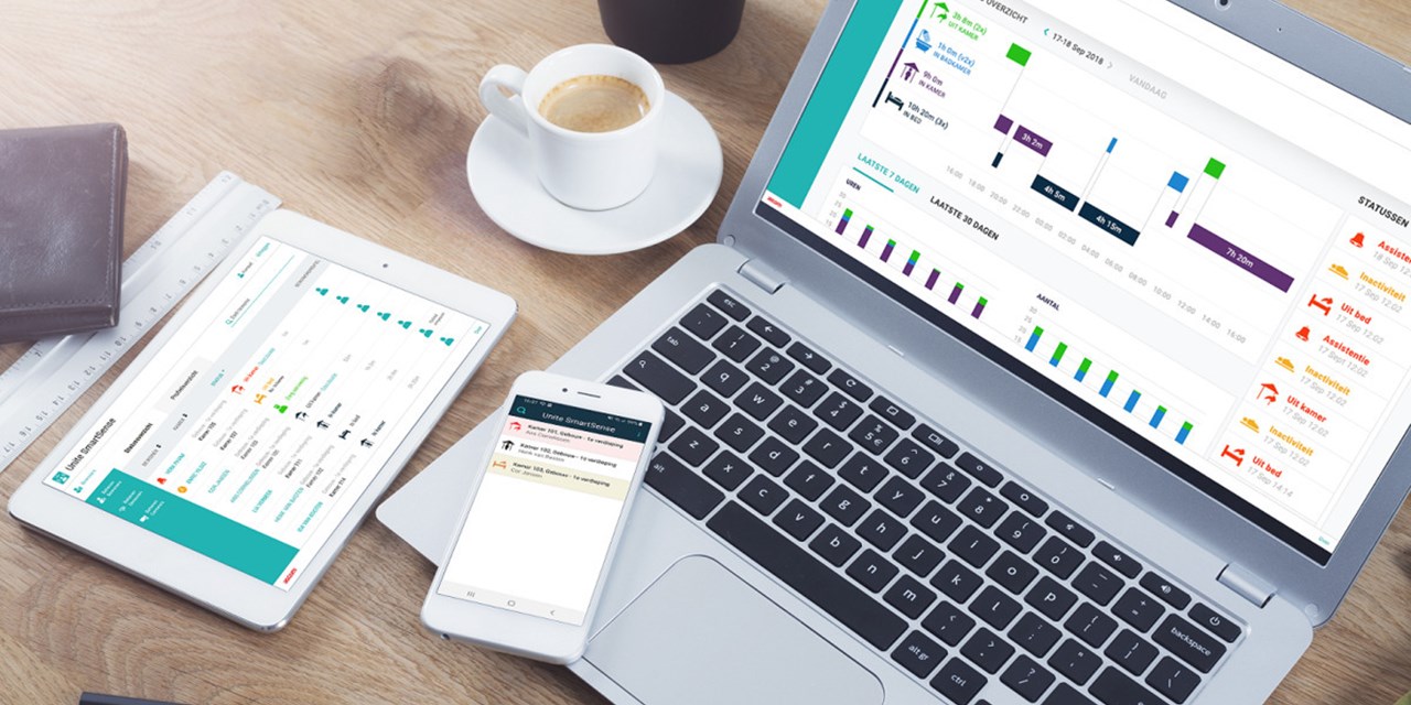 Close-up of electronics and mobile devices (laptop, smartphone, tablet) displaying the Unite SmartSense interface.